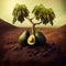 Recreation artistic of avocado tree with a avocados fruit in a farm plantation. Illustrat