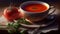 Recreation artistic of tomato soup in cup with natural red tomato to side