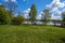 recreation camping area by the blue lake in sunny summer day