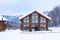 Recreation center with the Turquoise Katun hotel in the mountains under a blue sky in winter with snow