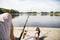 Recreational fishing at a serene lake