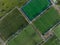 Recreational green grass active sports hockey and football fields overhead top down view. Competition court active