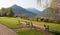 Recreational place at spa garden Schliersee with two benches. lake view and bavarian alps