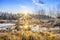 A recreational scenic beauty of double reflection of sunbeam during the sunset with golden light on the grass and half frozen lake