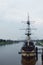 The recreational ship is moored to the bank of the Volkhov River in the city of Veliky Novgorod