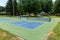 Recreational sport of pickleball court in Michigan, USA looking at an empty blue and green new court at a outdoor park