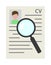 recruitment resume CV curriculum vitae document with seach magnifier icon, hiring new employee or job searching concept, color