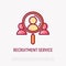 Recruitment service thin line icon: looking for employee with magnifier. Modern vector illustration