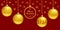 Rectangle Christmas card or horizontal banner. 3d golden balls on a classic red background. Flat greeting and stars on