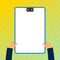 Rectangle outline of Clipboard holds by two hands. Four sided white figure with blue frame. Blank empty sheet inside