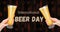 Rectangular banner with two hands holding pilsner glasses with beer on wooden background. Light beer with foam