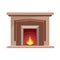 Rectangular fireplace with open fire. Cartoon icon of modern hearth with flame with sparks. Color illustration of warm, home