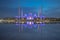 Rectangular format of a wide angle view of the Great Mosque of Abu Dhabi at night