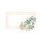 Rectangular gold frame with small flowers of actinidia, bouvardia, tropical and palm leaves. Wedding bouquet in a frame