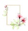 Rectangular gold frame with transparent tropical flowers and leaves. watercolor transparent flowers of pink color. logo for perfum