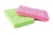 Rectangular green and pink cellulose washing sponges with coarse and soft sides