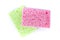 Rectangular green and pink cellulose washing sponges with coarse and soft sides