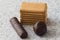 Rectangular shortbread cookies and chocolates on a light marble top