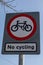 Rectangular sign prohibiting cycling in Widnes town centre April 2019