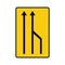 Rectangular traffic signal in yellow and black, isolated on white background. Temporary end of right lane for traffic