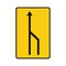 Rectangular traffic signal in yellow and black, isolated on white background. Temporary end of right lane for traffic