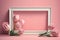 Rectangular white wooden picture frame with empty space for text and framed with pink tulips, AI generative content.