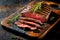 Rectangular wooden board with chopped medium-roasted flank steak with rosemary
