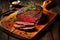 Rectangular wooden board with chopped medium-roasted flank steak with rosemary