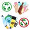 Recyclable and non recyclable waste. Types of trash and garbage with recycling sign