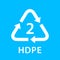 Recycle arrow triangle HDPE types 2 isolated on blue background, symbology two type logo of plastic HDPE materials, recycle