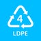 Recycle arrow triangle LDPE types 4 isolated on blue background, symbology four type logo of plastic LDPE materials, recycle