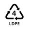 Recycle arrow triangle LDPE types 4 isolated on white background, symbology four type logo of plastic LDPE materials, recycle