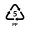 Recycle arrow triangle PP types 5 isolated on white background, symbology five type logo of plastic PP materials, recycle triangle