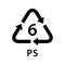Recycle arrow triangle PS types 6 isolated on white background, symbology six type logo of plastic PS materials, recycle triangle