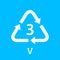 Recycle arrow triangle V types 3 isolated on blue background, symbology three type logo of plastic V materials, recycle triangle