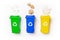 Recycle garbage. Yellow, green, blue dustbin for recycle plastic, paper and glass can trash isolated on white background. Bin