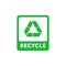 Recycle green rectangle sticker with Mobius strip, band or loop. Design element for packaging design and promotional