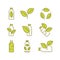 Recycle plastic bottle. Biodegradable icons. Icons of plastic bottle with green leaves. Eco friendly compostable material