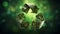 Recycle sign on blurred background.Close up of green triangular eco sign.