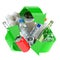 Recycle sign with different types of waste.  Garbage and  trash sorted by plastic, e-waste, metal, glass and paper. Ecology and