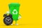 Recycle Sign Green Garbage Trash Bin Character Mascot with Alarm Clock. 3d Rendering