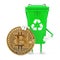 Recycle Sign Green Garbage Trash Bin Character Mascot with Digital and Cryptocurrency Golden Bitcoin Coin. 3d Rendering