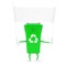 Recycle Sign Green Garbage Trash Bin Character Mascot and Empty White Blank Banner with Free Space for Your Design. 3d Rendering