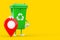 Recycle Sign Green Garbage Trash Bin Character Mascot with Map Pointer Target Pin. 3d Rendering