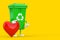 Recycle Sign Green Garbage Trash Bin Character Mascot with Red Heart . 3d Rendering