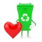 Recycle Sign Green Garbage Trash Bin Character Mascot with Red Heart . 3d Rendering