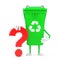 Recycle Sign Green Garbage Trash Bin Person Character Mascot with Red Question Mark Sign. 3d Rendering