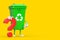 Recycle Sign Green Garbage Trash Bin Person Character Mascot with Red Question Mark Sign. 3d Rendering