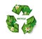 Recycle sign with leaves and flowers, vector paper cut illustration. Eco friendly waste reuse and recycling symbol.