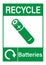 Recycle sign for used batteries with symbol and text.